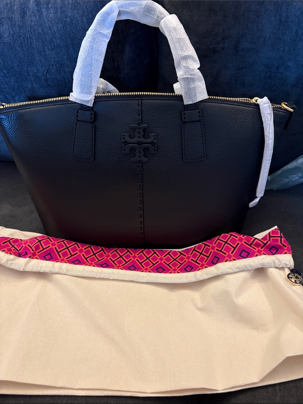 Tory Burch Black Pebble Leather Tote with Gold Hardware